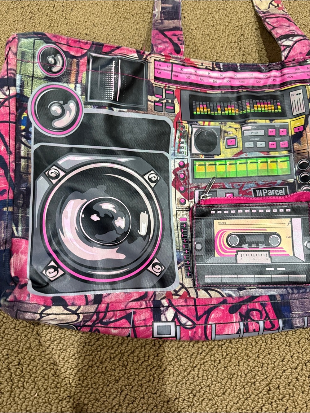 Pink Graphic Boombox Tote Bag - Portable Audio Inspired Carryall parcel - Picture 3 of 7